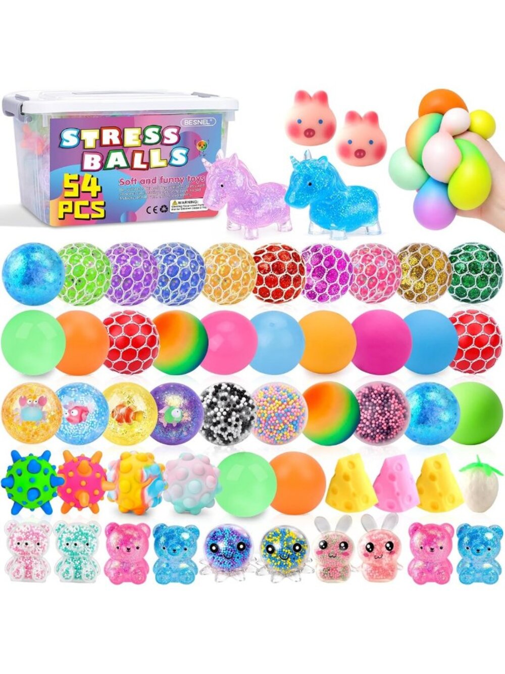 54 Pack Stress Balls - Squishy Squeeze Toys for Adults, Anxiety Relief & Fun
